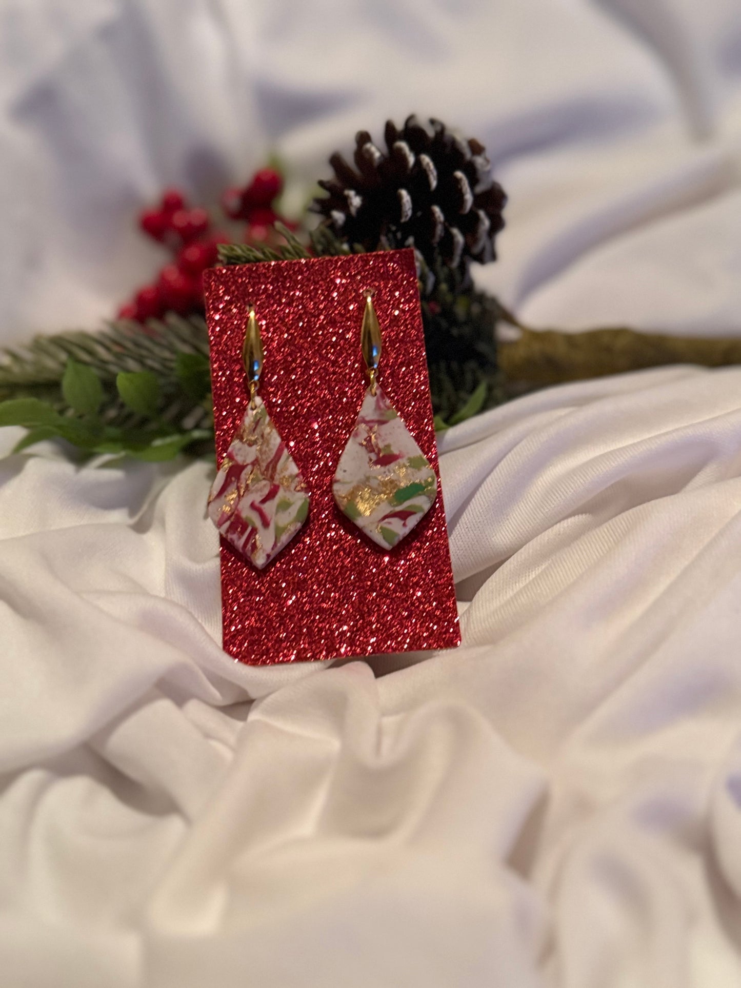 Red, Green, and White Marble Earrings with Gold Flakes