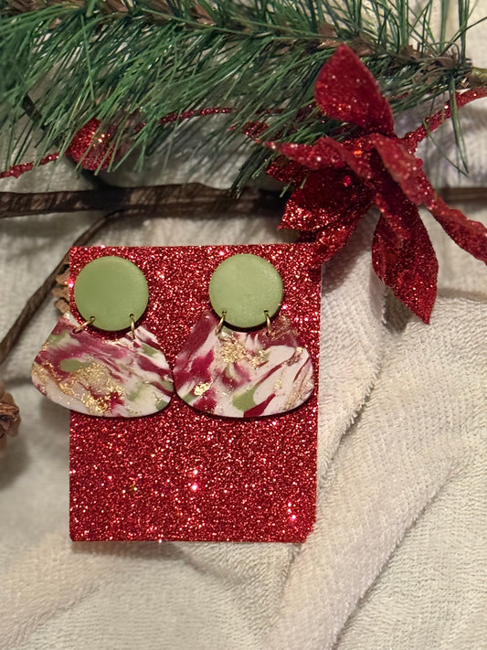 Red, Green, and White Marble Earrings with Gold Flakes